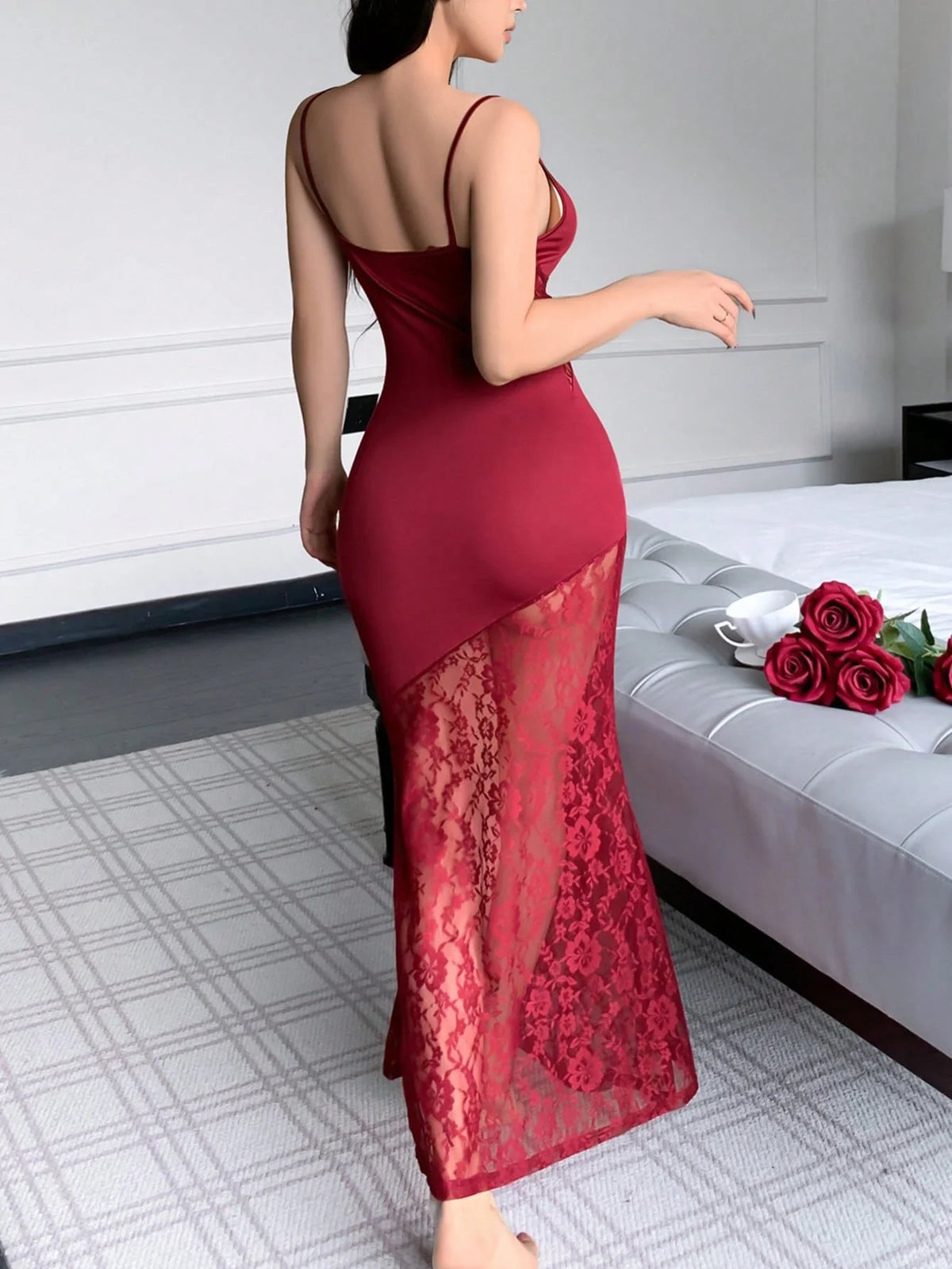 Wine Red Bodycon Sleepwear Dress with Tie-Front and Lace Hem