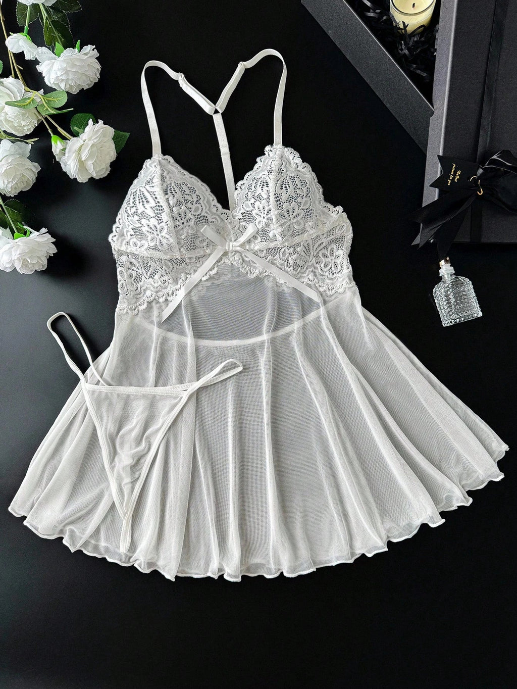 Ethereal White Lace & Sheer Mesh Babydoll with Satin Bow