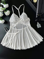 Ethereal White Lace & Sheer Mesh Babydoll with Satin Bow