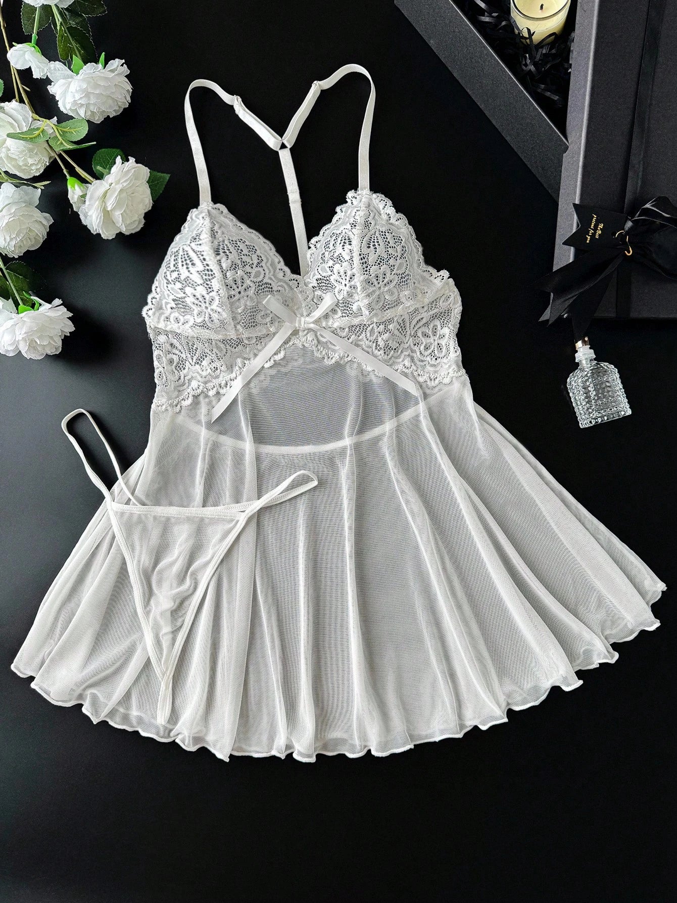 Ethereal White Lace & Sheer Mesh Babydoll with Satin Bow
