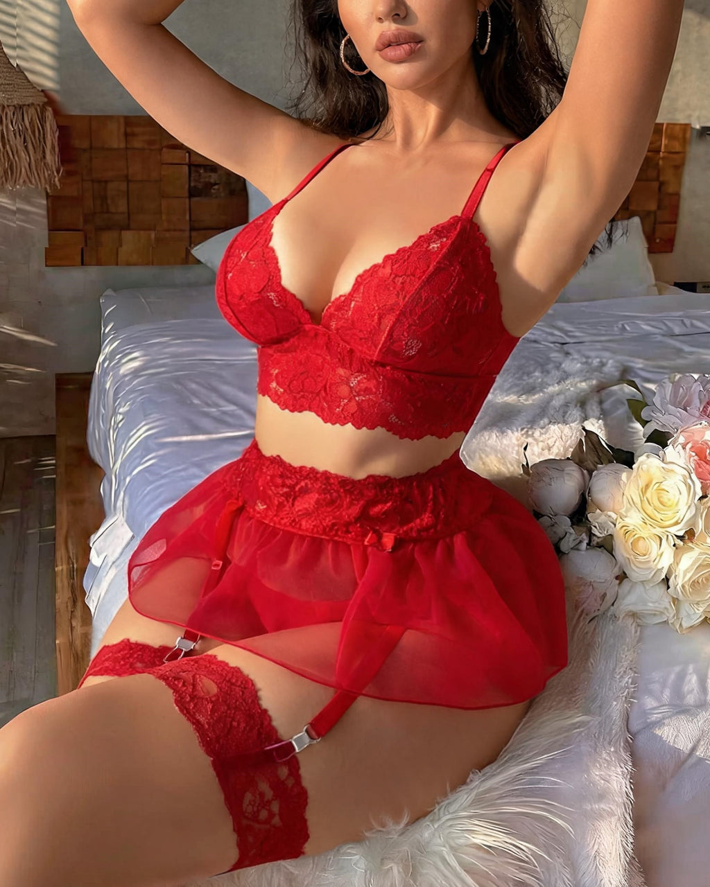 Désir "Rouge"  Bralette Festonnée et Jupette en Tulle